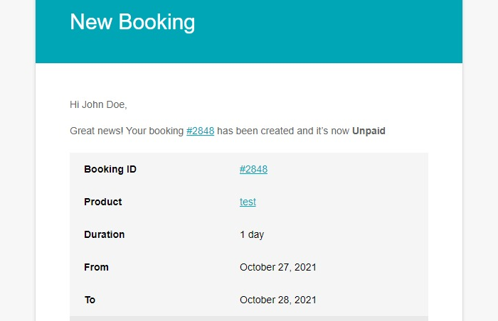New booking email customer unpaid
