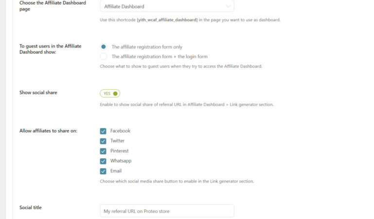 Affiliate dashboard options