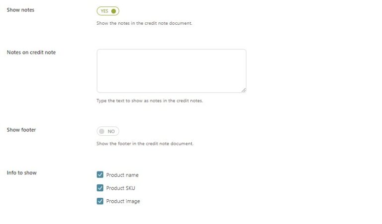 Credit note template settings
