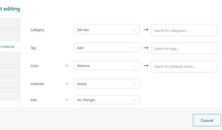 Bulk product editing - Categories, tags & attributes