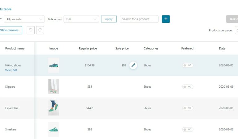 Bulk editing from product table