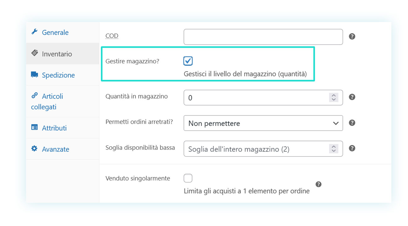 Gestire il magazzino dell'inventario woocommerce