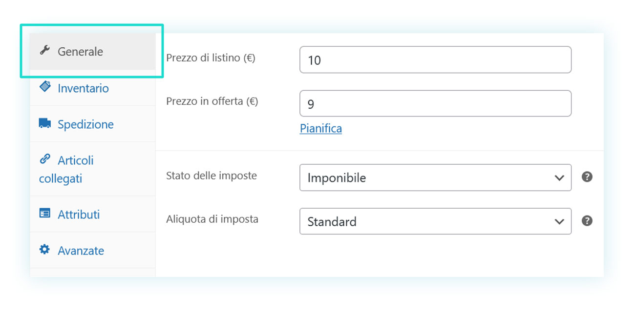 Sezione generale del prodotto woocmmerce