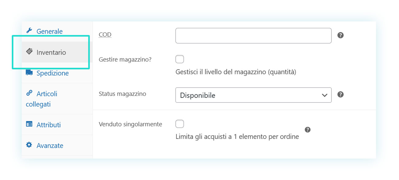 Sezione inventario del prodotto woocommerce