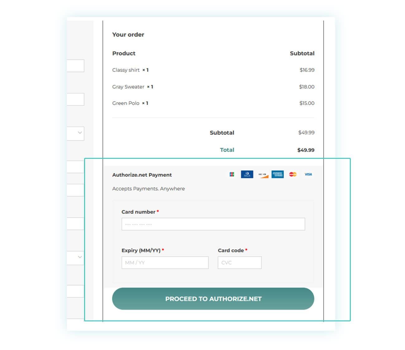 Carte di credito e debit cards con Authorize.net