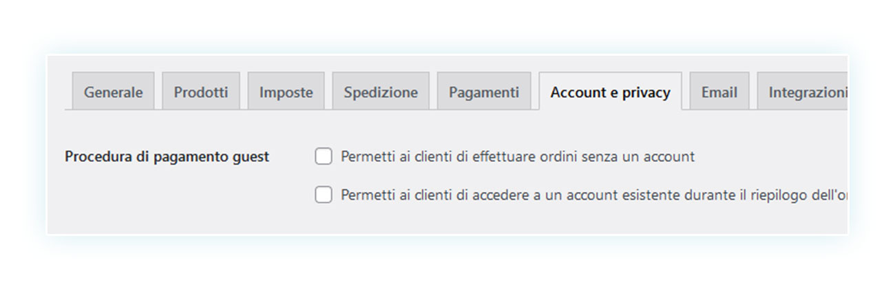 Aggiungere la spunta alla prima opzione per permettere il pagamento senza registrazione.