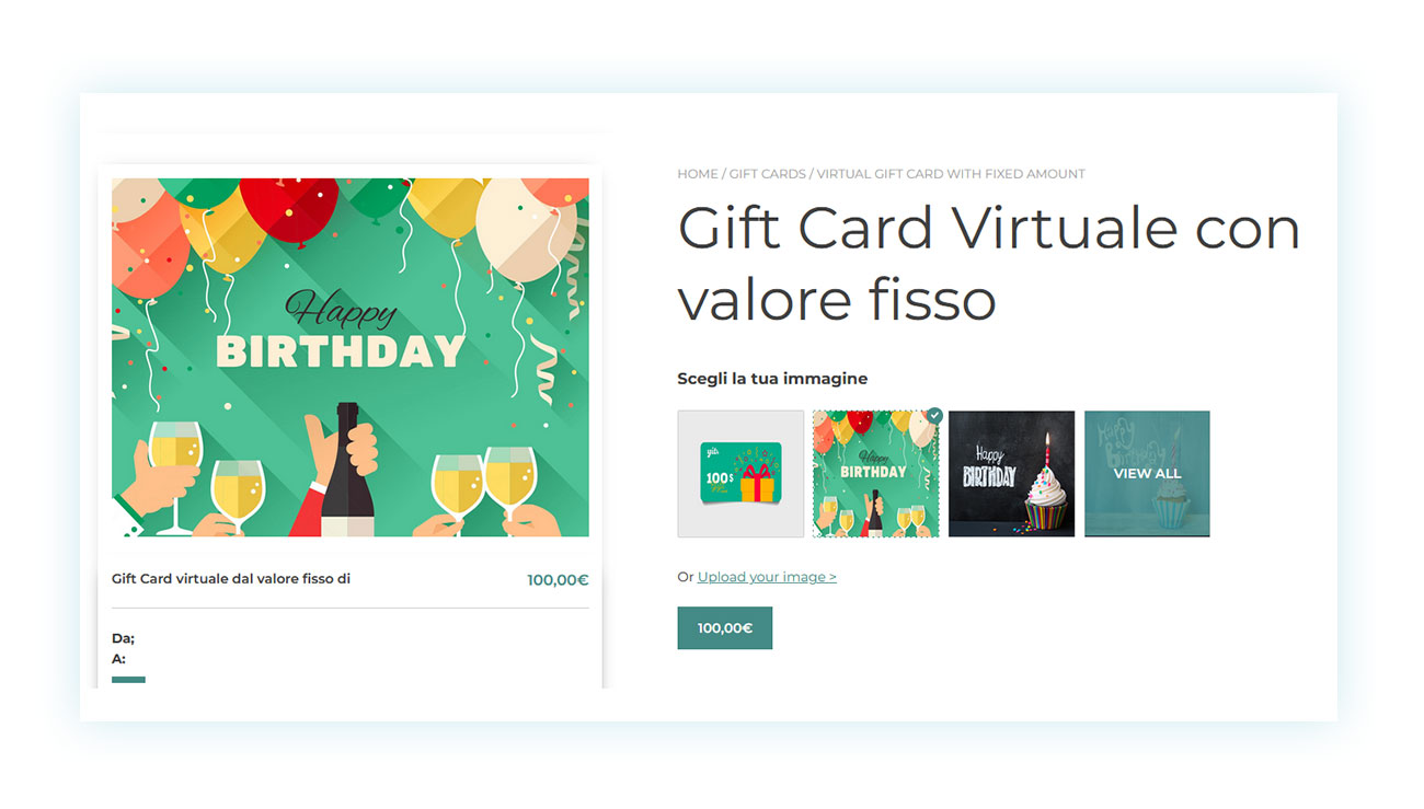 Classica gift card venduta su un negozio WooCommerce tramite il plugin citato