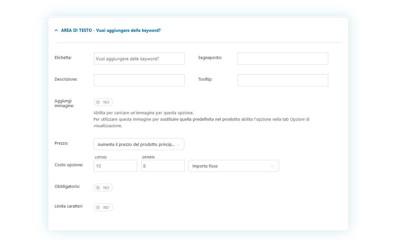 Opzioni per permettere ai clienti di scrivere le proprie Keyword