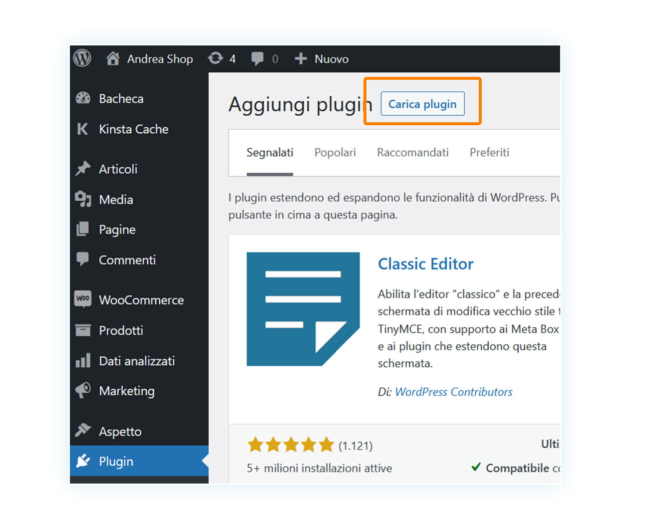 Tra le varie pagine di WooCommerce puoi caricare direttamente il tuo plugin