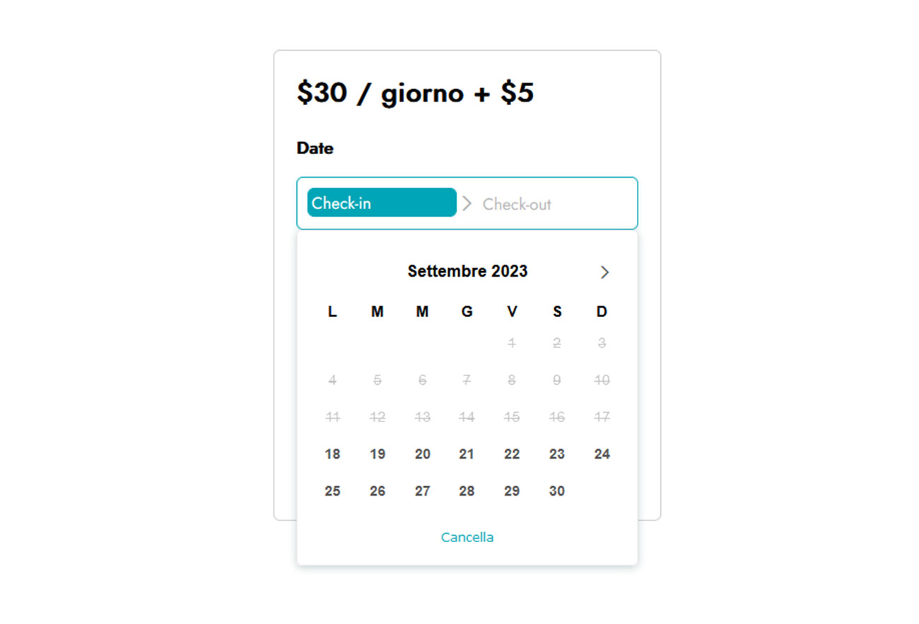 Cmapo di selezione di data diviso tra check-in e checkout