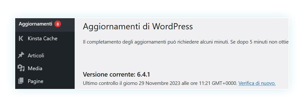 Versione di WordPress attualmente installata sul tuo sito