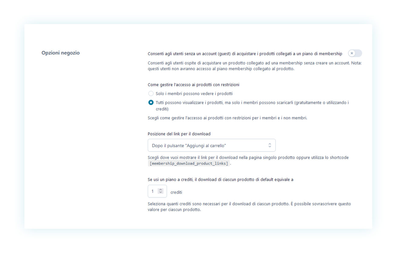 Impostazione per il download dei prodotti a crediti