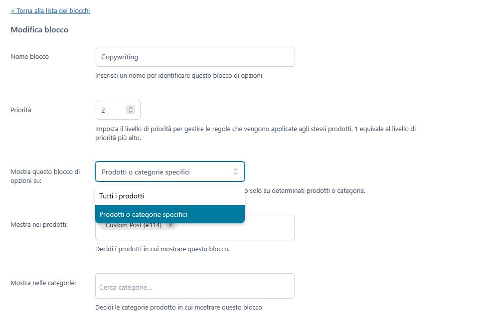 Scegli dove mostrare le opzioni di personalizzazione