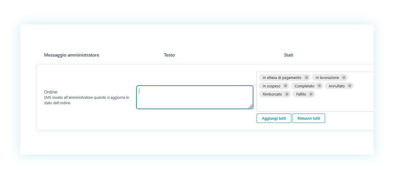 Stati dell'ordine per cui inviare il messaggio all'amministratore.