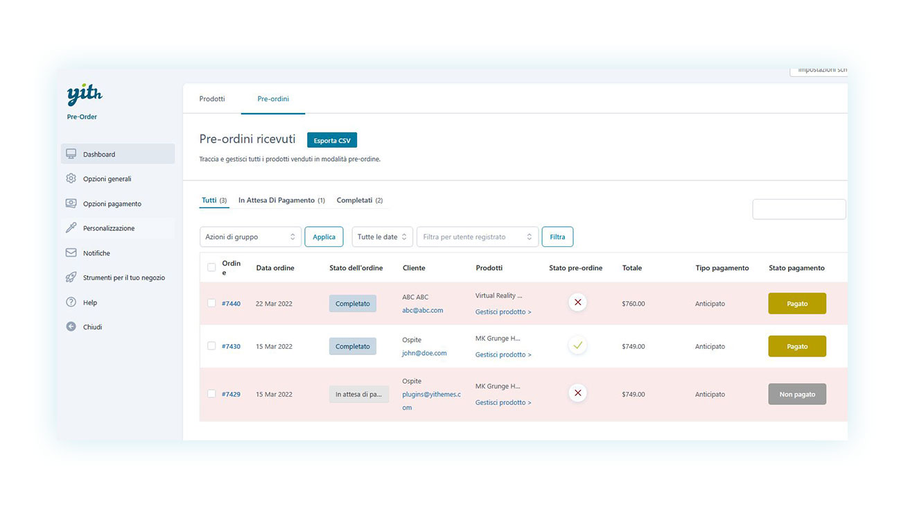 Lista di pre-ordini tra le impostazioni delle estensioni