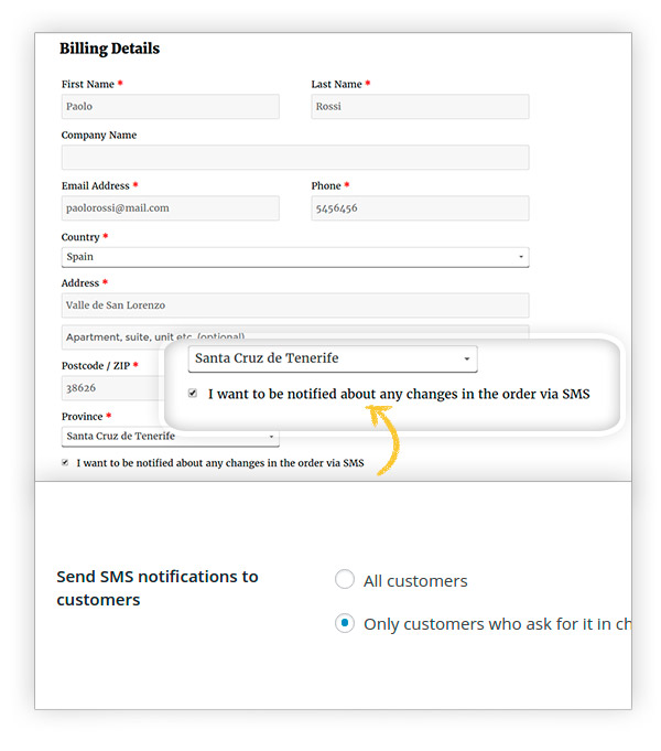 Send sms notifications to customer