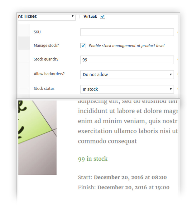 Set stock quantity for event tickets product