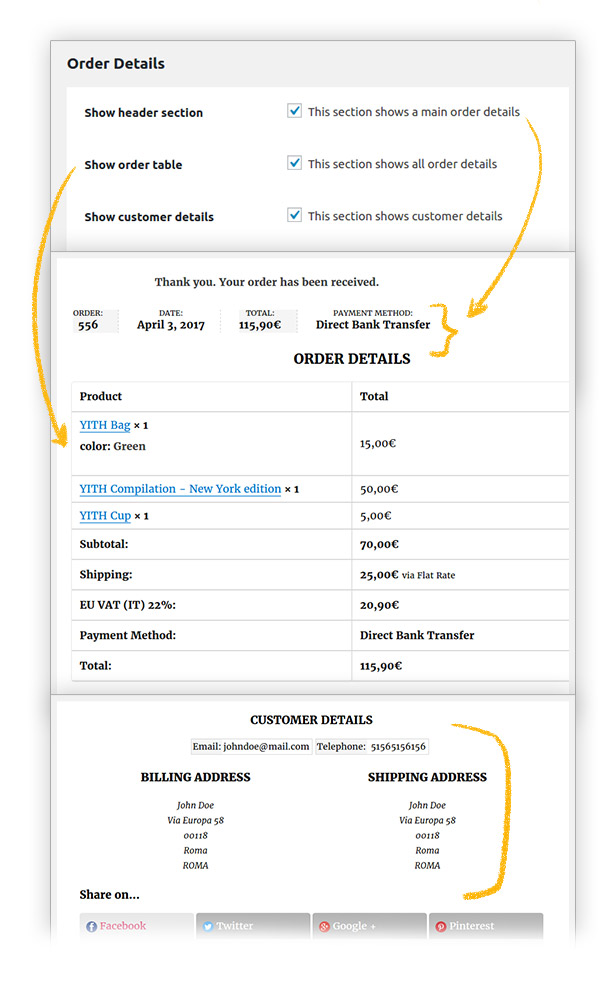 Order details in custom thank you page