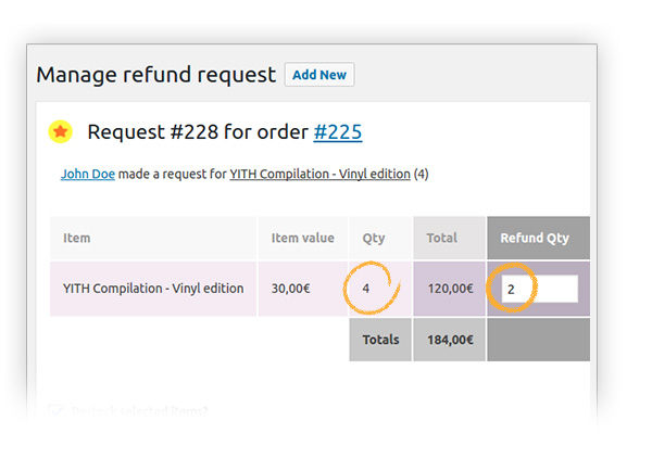 Manage quantity for refund