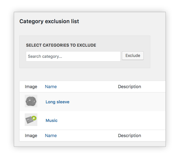 Exclusion list - categories