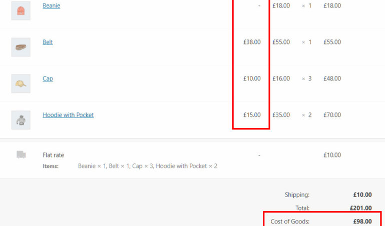 Cost of goods inside order detail page
