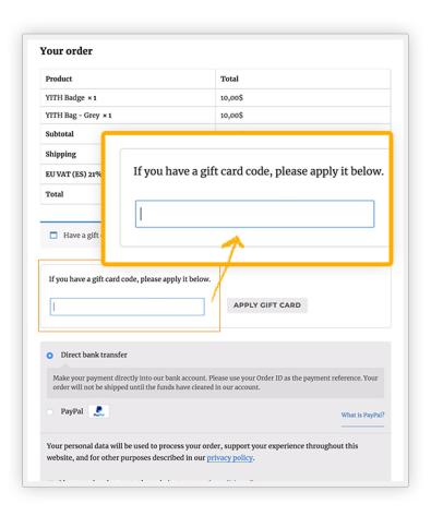 Gift card code form