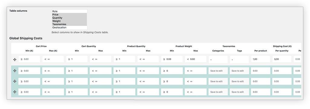 Shipping rule table