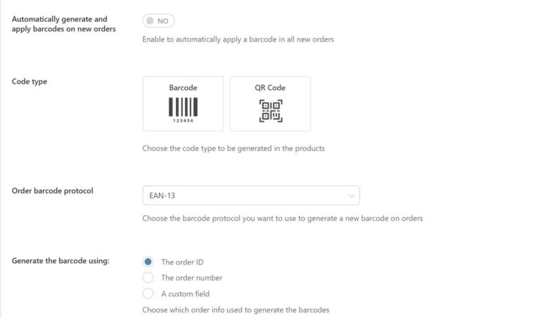 Order barcode settings