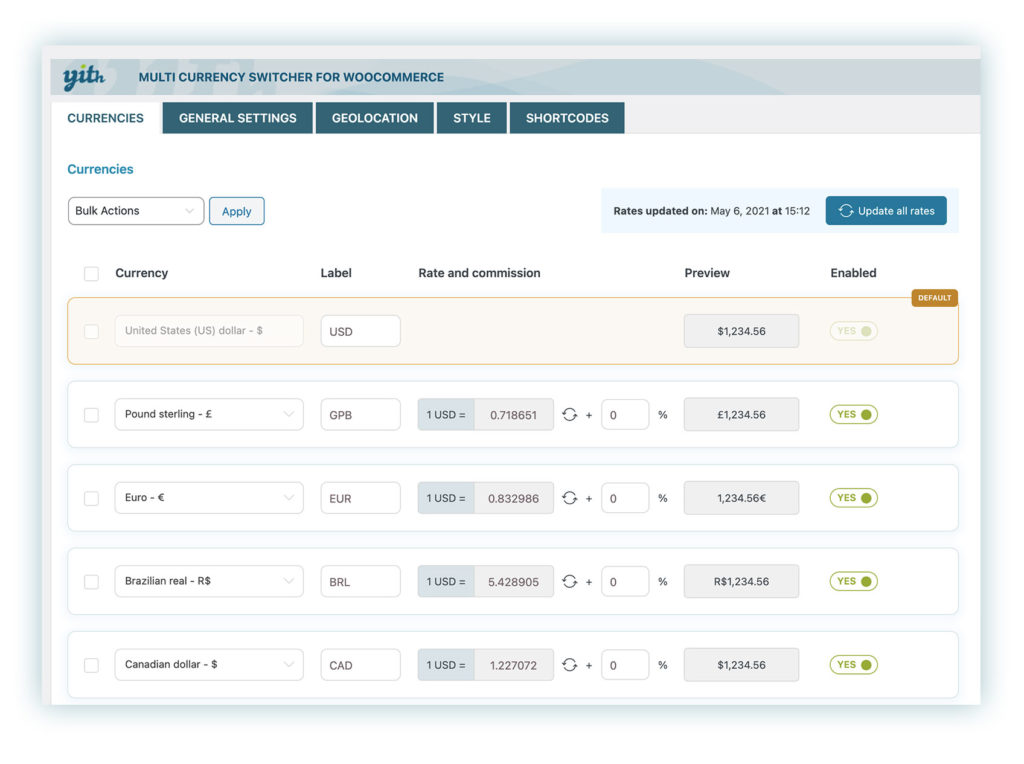 Currency Switcher settings panel