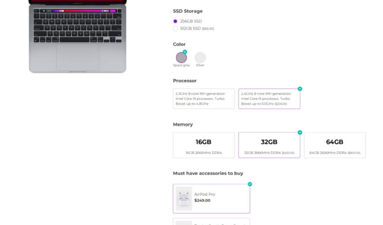 Apple Macbook Pro - with label (grid), radio, color swatch, image (grid) and product options 
