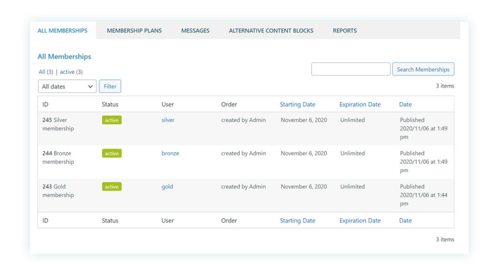 Membership dashboard