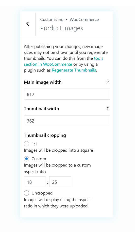 Display part in Appearance section to change main image width, thumbnail width and thumbnail cropping