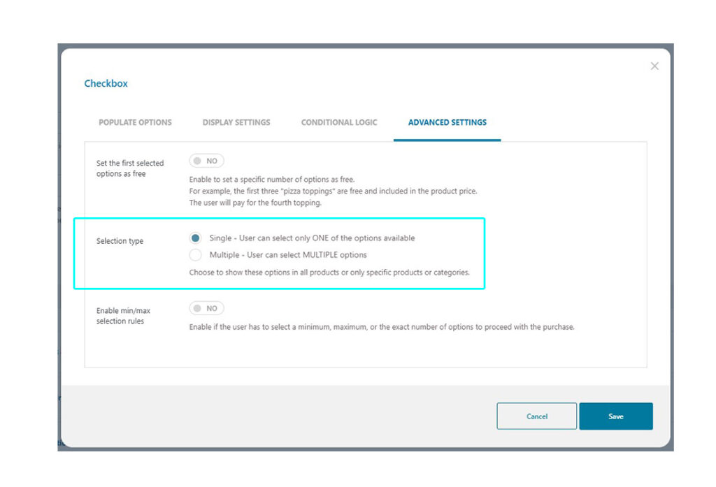 Selection type in Advanced settings