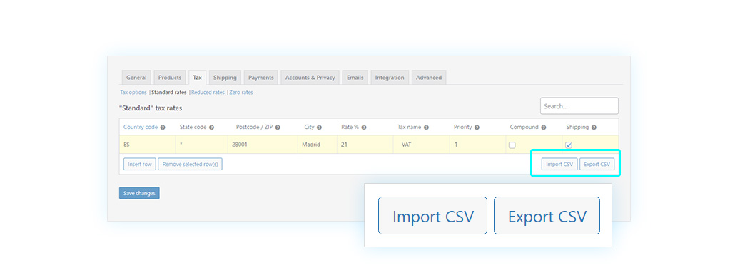 Import and export CSV buttons