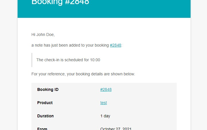 Customer booking note email
