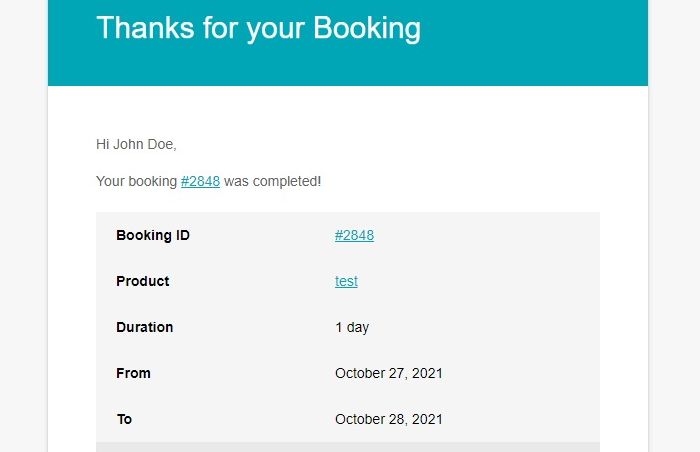 Completed booking email