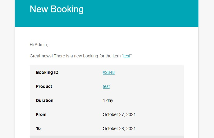 New booking email admin