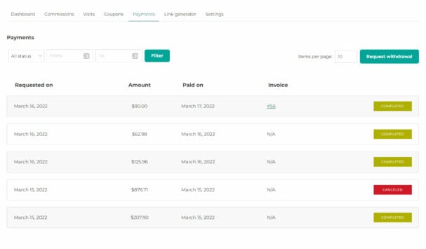 Affiliate dashboard - Payments