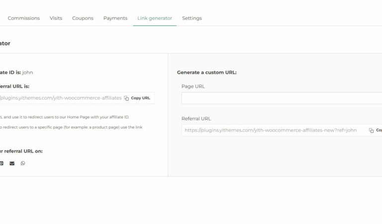 Affiliate dashboard - Link generator
