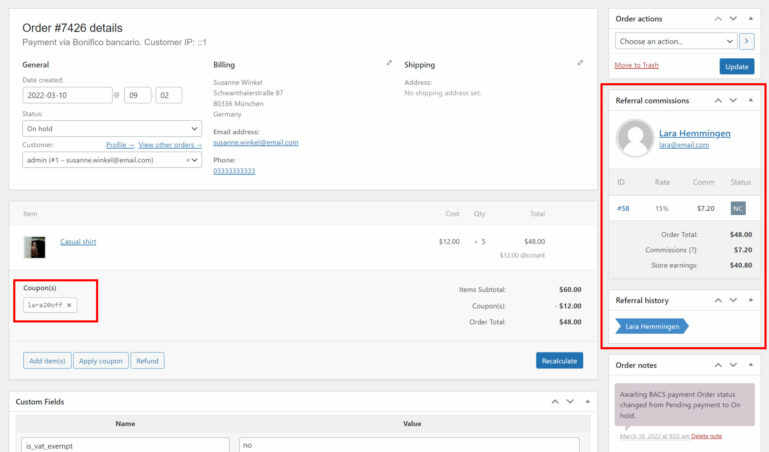 Order with affiliate coupon and commssions