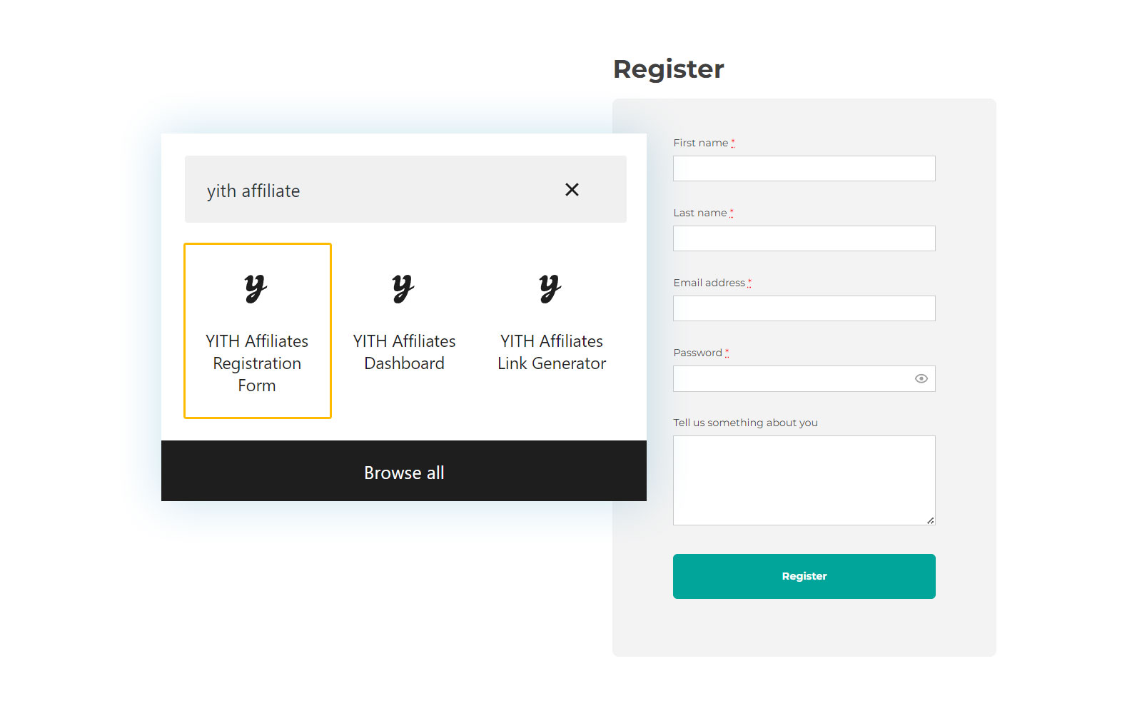 Gutenberg block "YITH Affiliate Registration Form" 