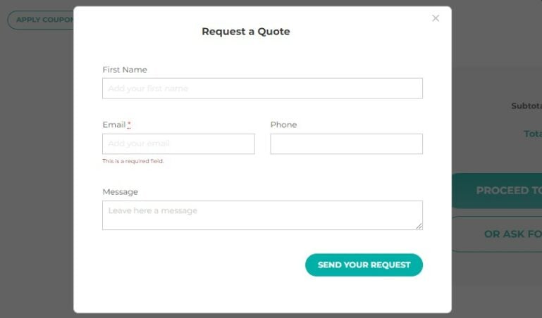 Request a quote popup on Cart page