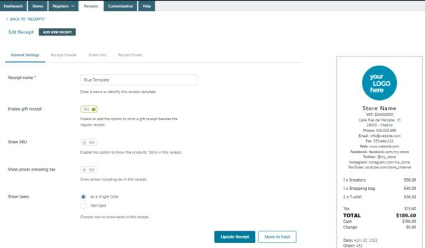 Receipt template settings