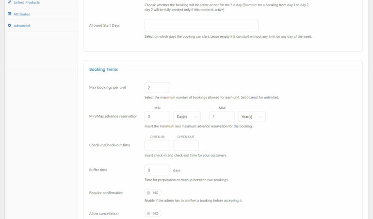 Booking options - Settings