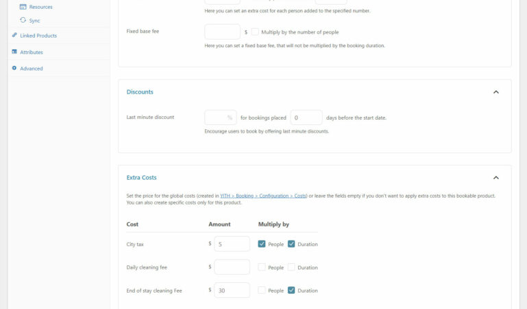 Booking options - Costs