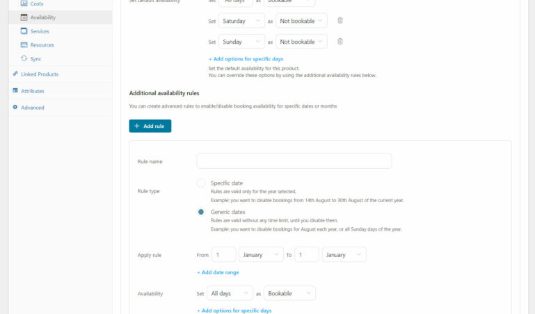 Booking options - Availability