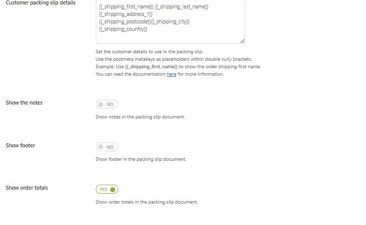 Packing slip template settings