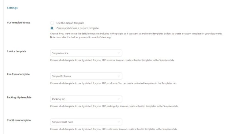Custom template settings