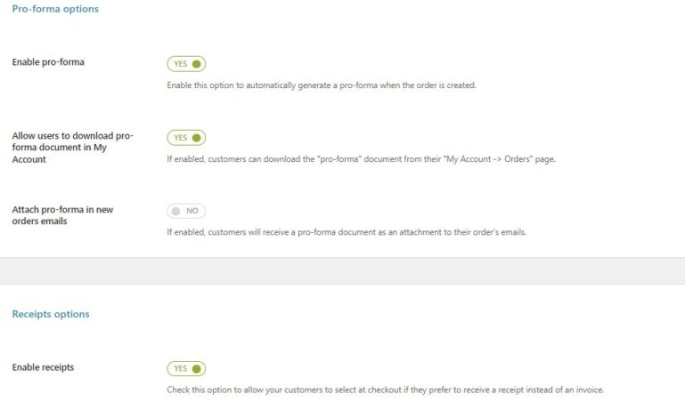 Pro-forma and receipt options