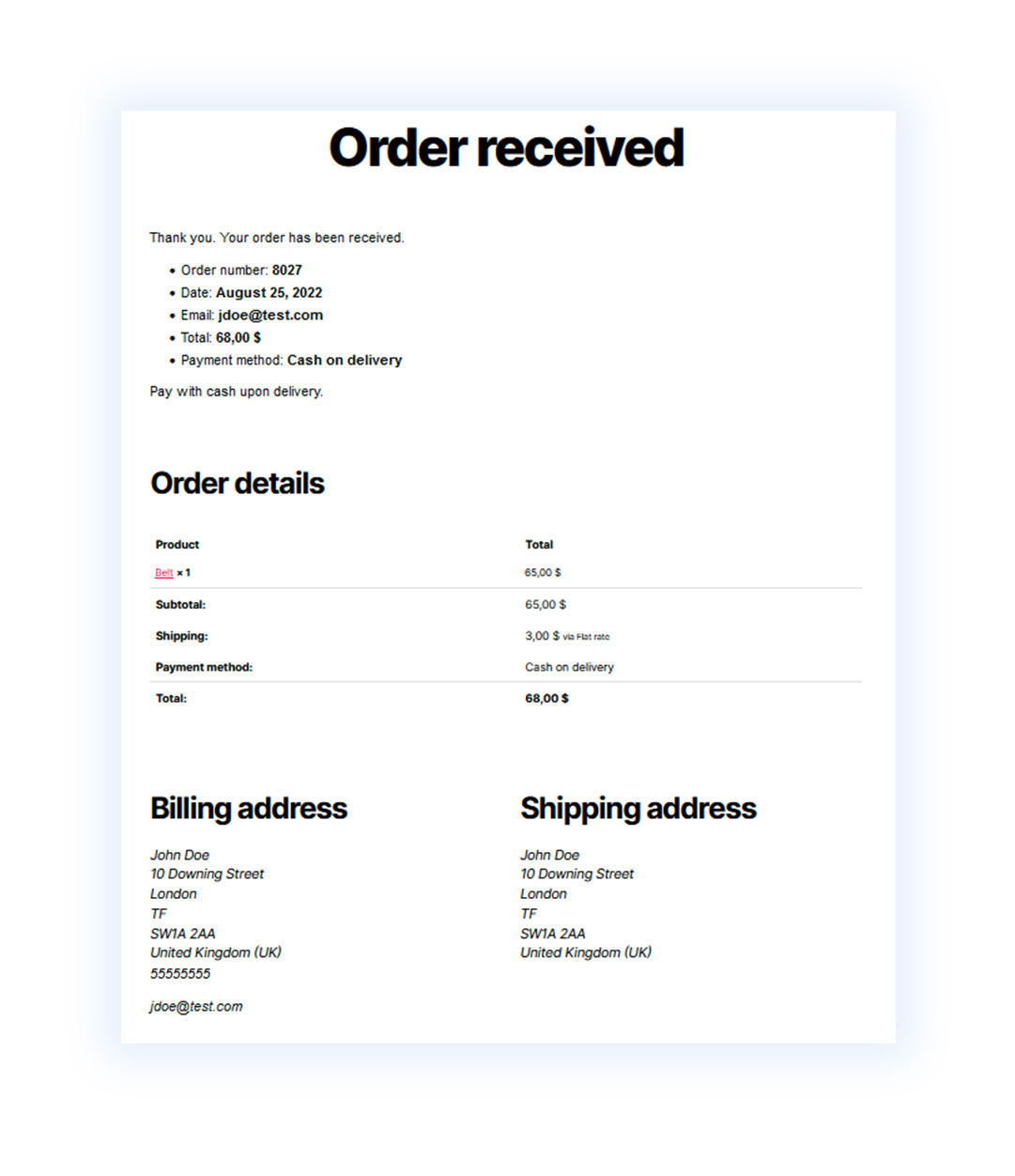 Order received email